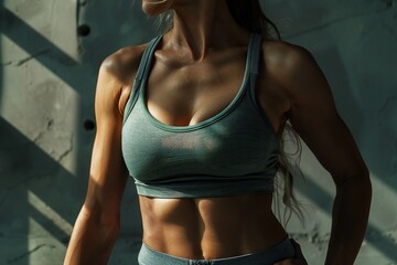 female fitness model torso in green top with defined abdominal muscles - obrazy, fototapety, plakaty