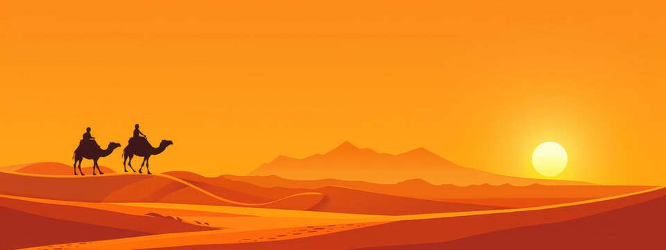 vector illustration of camels and bedouins traveling through the desert against a sunset background