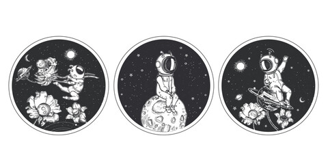Astronaut, flower and planet. Pixie in space. Space Print.