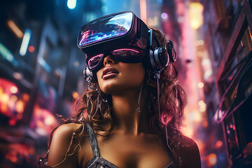 Smiling woman with fashion sunglasses enjoying the cyber space city neon light .future virtual reality concept.