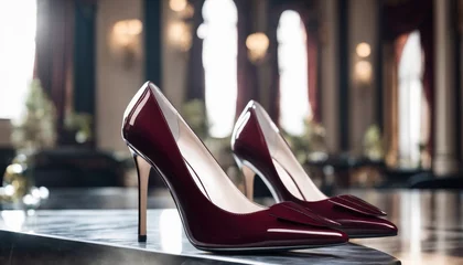 Fotobehang A pair of shiny red high heel shoes is elegantly positioned on a reflective surface, implying luxury and fashion. © video rost