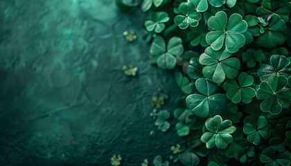 Fototapeta na wymiar Clover leaves on green background. Three-leaved shamrocks. St Patrick Day holiday symbol. Template for design card, invitation, banner