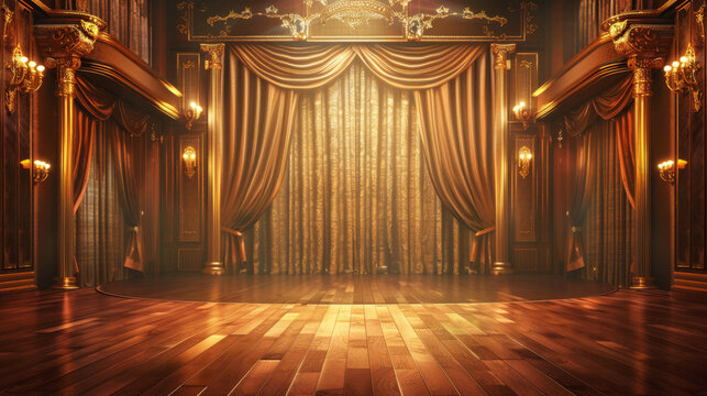 Before the spotlight, an empty theater stage stands adorned with lush velvet curtains. The anticipation of the performance hangs in the air, promising an evening of theatrical magic.