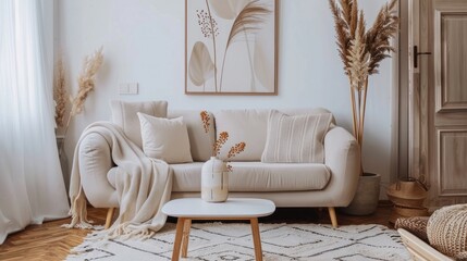 Stylish living room interior with a comfortable sofa, coffee table, dried flowers in a vase, decorative poster, carpet, accent pillows, blanket, and personal touches for a cozy and modern home.