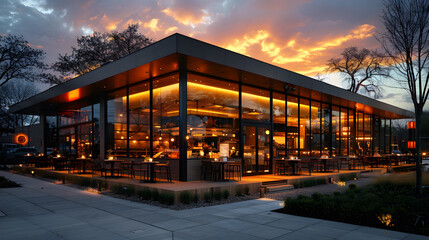 Elegant Restaurant Illuminated at Night With Sky Background. Generative AI