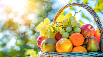 Fresh summer fruit basket in sunlight