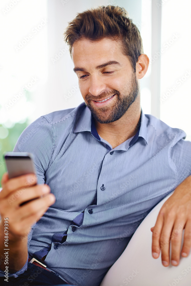 Poster businessman, phone and reading an email in home, communication and networking for company. happy mal