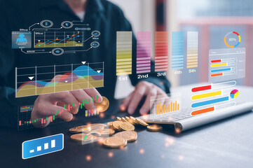 data analysis  Data Management System with KPI and metrics connected to the database finance, operations, sales, marketing, businessman holding gold coins and using dashboard analyse charts