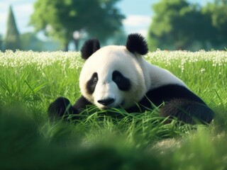 Cheerful playing panda on green lawn. Rare endangered animals protected concept. Cute clumsy black...