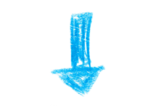 A photo of a blue arrow pointing down on a transparent background. A symbol for illustrations, logos and graphics.