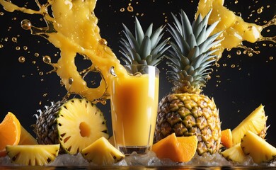 glass of fresh pineapple juice with fresh fruits. splash of water and juice for brand advertisement. AI generated.