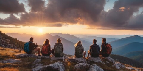 Friends sit closely together, absorbing the breathtaking sunset from a high vantage point. The fading sunlight envelops the mountainous horizon in a warm embrace, highlighting the end of a day spent - obrazy, fototapety, plakaty