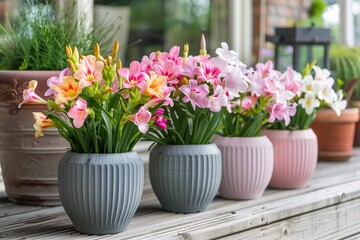 Colorful freesias in pots on the wooden terrace.
