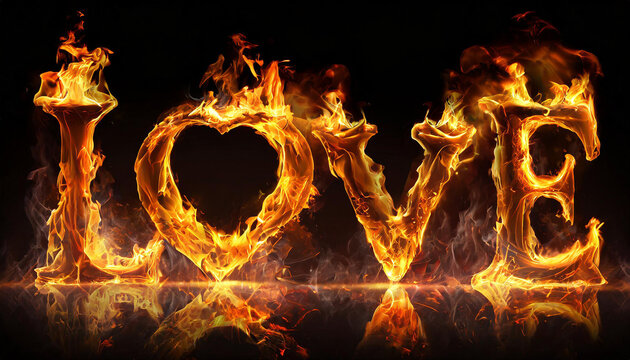3D word LOVE made of fire flame, black background. Hot orange blaze.