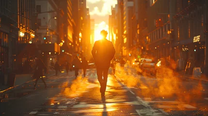 Foto op Aluminium Backlit Businessman Walking on Pathway in the Busy City Center, Sunshine Chaotic Energy of Life, Silhouette of a man Walk in Urban Chaos Vibrant Business town, Hustle and Bustle, Energetic Lifestyle. © Korakrich