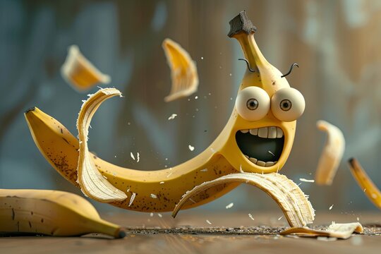 A banana with a face and eyes drawn on it, resembling a cartoon character. Generative AI