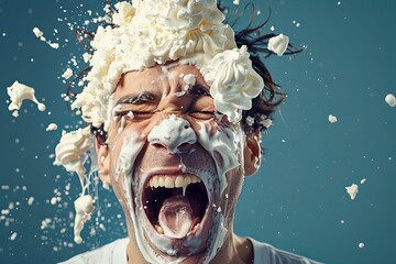 A burst of laughter emanates from a man as a whipped cream pie covers his face, creating a humorous and messy spectacle. Generative AI