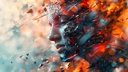 An artistic rendering of a human face dissolving into an array of dynamic, shattering particles, symbolizing digital transformation or decay. - obrazy, fototapety, plakaty