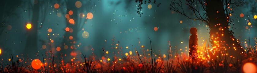 In this digital creation, a mystical forest is alive with luminous particles and glowing orbs, casting an enchanting atmosphere.