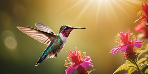 Captured in a sun-drenched backdrop, this hummingbird's wings beat rapidly as it approaches magenta flowers. The scene is bathed in a warm glow, emphasizing the contrast between the bird and the vivid