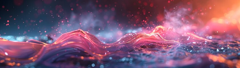 Vibrant splash of liquid in motion with sparkling particles against a blurred background, creating an abstract scene.