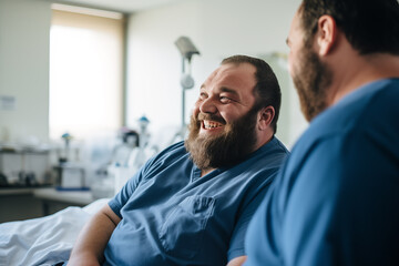 A man laughing in a hospital room - obrazy, fototapety, plakaty
