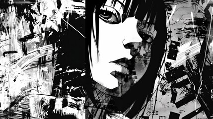 Cool grungy y2k anime manga collage set with a negative photocopy effect . Rough brutal elements for 90s vintage design. Ai generation. - Powered by Adobe