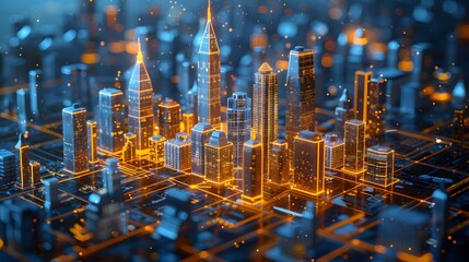 A sophisticated digital model of a city glimmers in golden hues, with high-rise buildings and intricate street patterns illuminated against a bokeh background. - obrazy, fototapety, plakaty