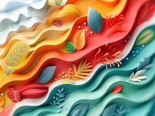 A colorful, multi-layered paper art piece featuring a wavy landscape in autumnal hues with intricate leaf cutouts and flowing patterns.