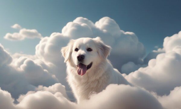 An endearing white dog appears to float among fluffy clouds, its gaze both curious and serene against a backdrop of blue sky. This whimsical scene evokes a dreamlike wonder, blurring the lines between
