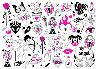 Valentine's Day set of elements. Love modern collection hand drawing with burning heart, flower, rose.Y2k 2000s cute emo goth aesthetic stickers tattoo. Vector illustration