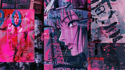Cool grungy y2k anime manga collage set with a negative photocopy effect . Rough brutal elements for 90s vintage design. Ai generation.