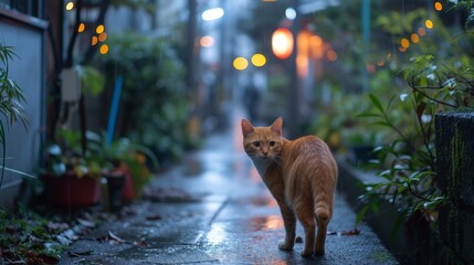 Lonely Orange Cat Strolling Through Rain on Wet Street During Stormy Weather, Reflections in Puddles - obrazy, fototapety, plakaty