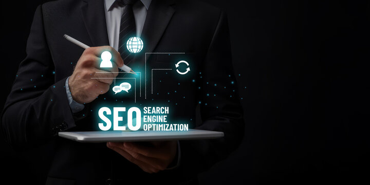 An businessman points to seo icon focusing on optimization analysis tools analyzing search engine rankings and social media impact, strategic marketing, online optimization image