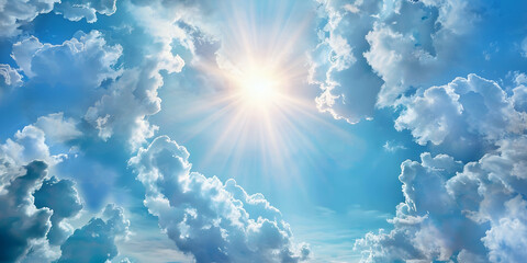 Stunning heavenly sun burst high up in the clouds - blue sky puffy clouds and a bright sun shining ideal for a spiritual holistic theme background
- 768682370