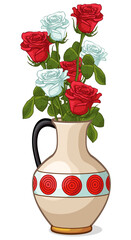 Red and white roses in a vase. Vector illustration of a vase with flowers on a white background.