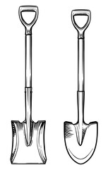 Black and white drawing of a shovel. Vector illustration of two shovels.