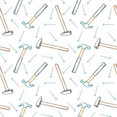 Hammers and nails, seamless pattern. Vector illustration of hammers with nails.