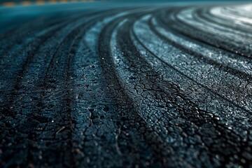 Abstract texture surface and background of car tire drift skid mark on road race track, Black tire mark on street race track, Automobile and automotive concept - obrazy, fototapety, plakaty