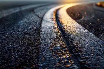 Abstract texture surface and background of car tire drift skid mark on road race track, Black tire mark on street race track, Automobile and automotive concept - obrazy, fototapety, plakaty