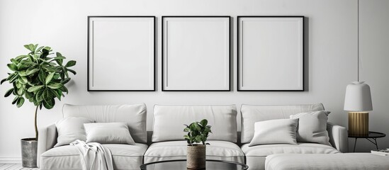 A contemporary living room featuring a sleek white couch against a neutral background. Three framed pictures hang on the wall behind the couch, adding a touch of personalization to the space.