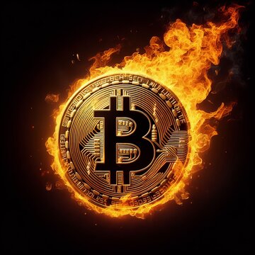 The iconic Bitcoin symbol ignites in a blaze, surrounded by darkness, conveying the intensity and unpredictability of the crypto markets. The image metaphorically represents the heat of investment and