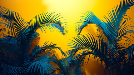Vibrant blue palm leaves contrasted against a golden yellow background, invoking a tropical feel.