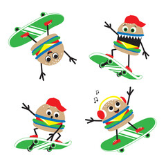 Cartoon Burger skateboarding in cap and headphones. Vector illustration.