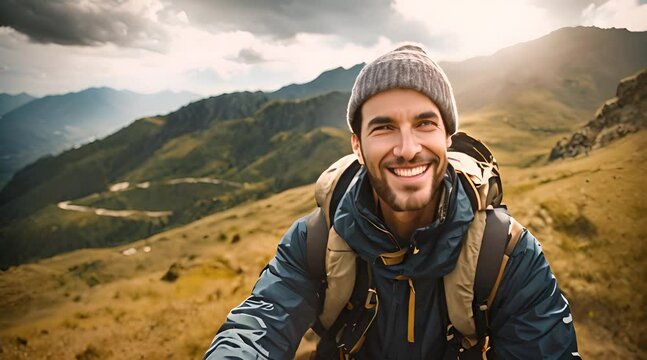 The Adventurous Spirit: Portrait of a Smiling Man Traveler Looking Successful, Gazing into the Camera with a Captivating Landscape View in the Background
