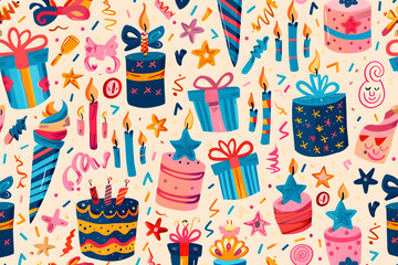 Geburtstagshintergrund, Party mit Geschenken, Luftballons und Kerzen, Illustration, erstellt mit generativer KI - obrazy, fototapety, plakaty