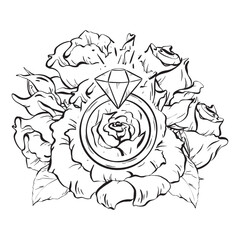 A monochrome sketch of a diamond ring nestled within a rose flower