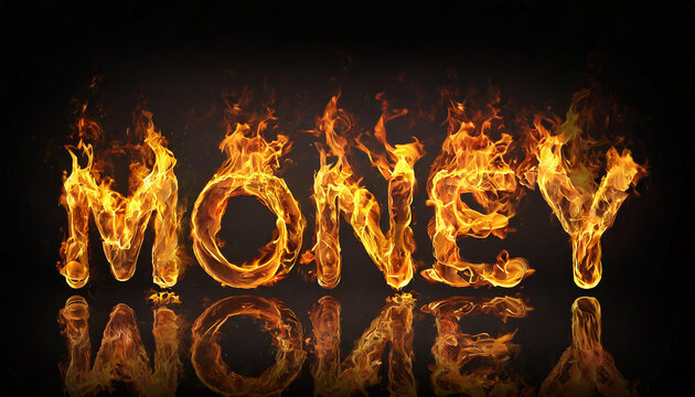 3D word MONEY made of fire flame, black background. Hot orange blaze.