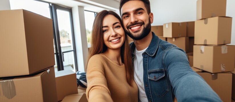 A young, beautiful couple is standing in a room surrounded by cardboard boxes, using a smartphone to take a selfie. The room is filled with moving boxes, indicating a recent move to a new home.