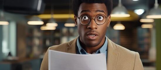 A young African man in an office setting, holding a piece of paper with a surprised expression on his face. He appears concerned and nervous, with his hand on his chin, seemingly surprised by the - obrazy, fototapety, plakaty